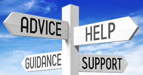 Advice, Help, Guidance, Support on white road signs with a blue sky and clouds background